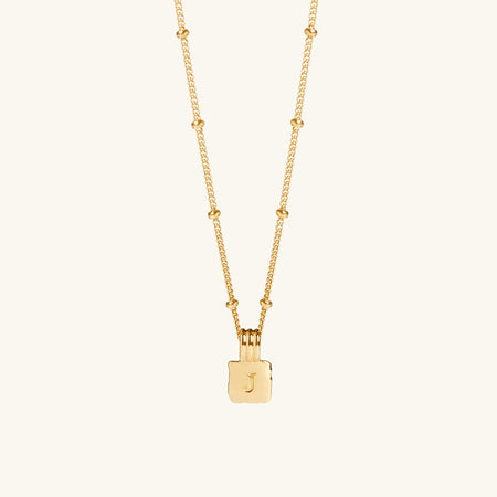 Mini Initial Square Charm Necklace Gold With Bead Chain